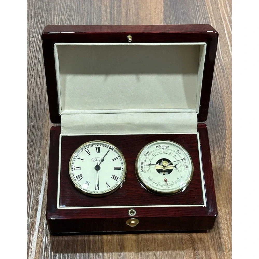 Vintage‎ Chass Clock/Thermometer/Barometer Combo In Cherry Brown Box By Compaq